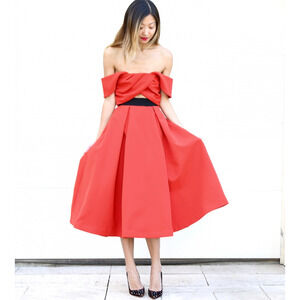 Self Portrait Red Off-Shoulder Ayelette Full Skirt Cutout Midi Dress US 4